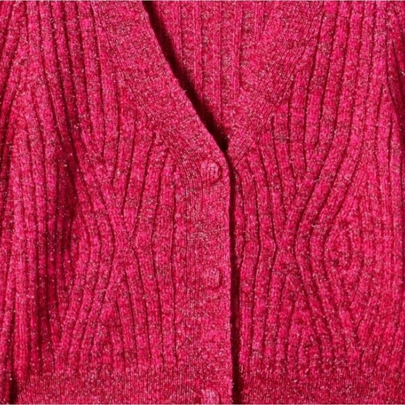 Mango Pink Fuchsia Metallic Cable Knit Long Sleeve Festive Chic Cropped Sweater - Picture 13 of 15